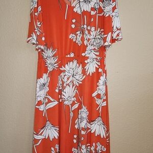 Girl With Curves Orange & White Floral V-Neck Dolman Sleeve Midi dress Size LT